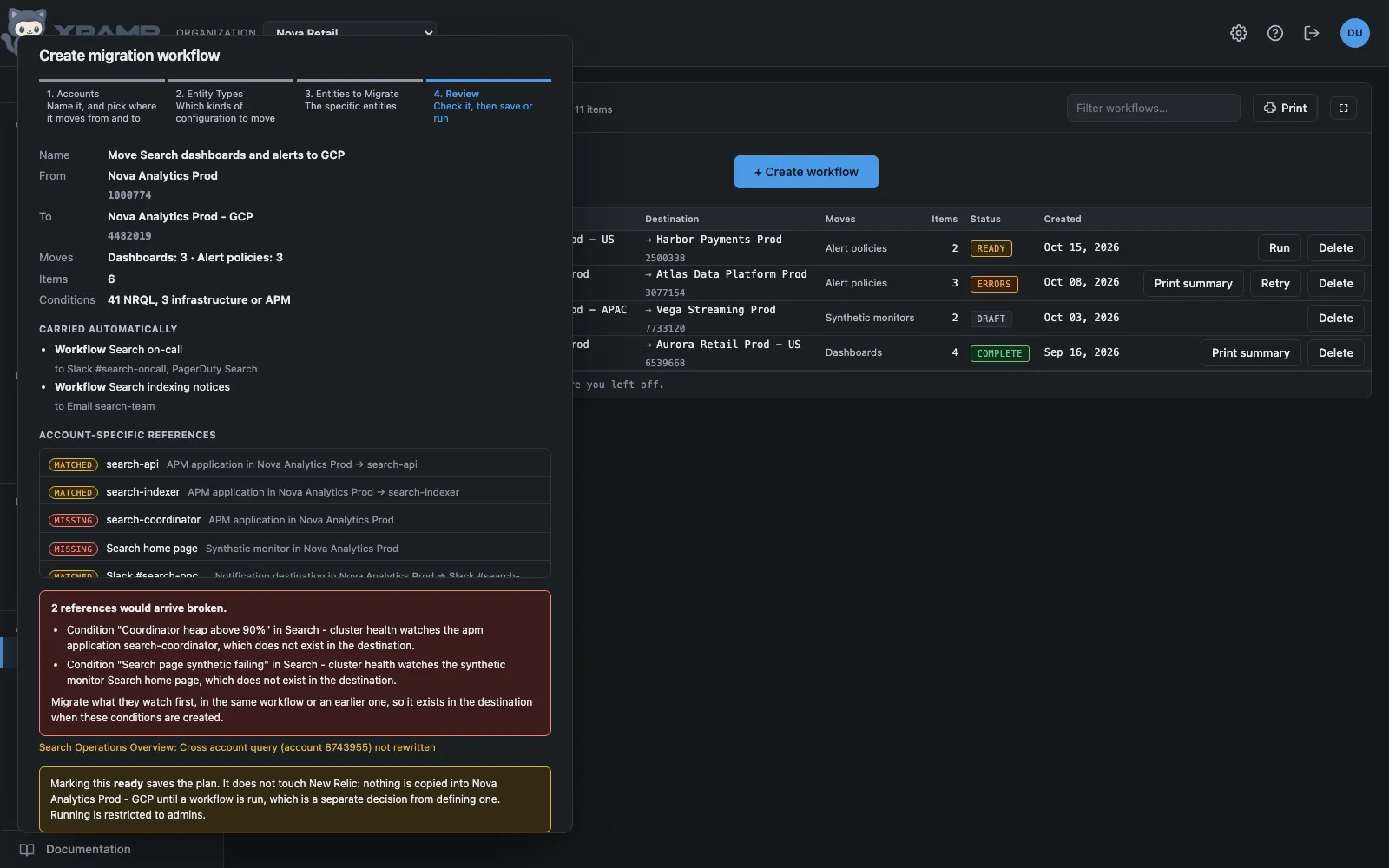 Migration wizard: Reviewing a workflow before anything is written